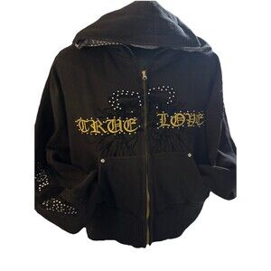 Vintage Y2K Black True Love Embolished Deb Cropped Zip Up Hoodie SZ 3XL